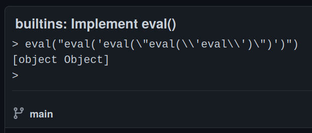 Screenshot of a commit implementing the eval() builtin with a demo of nested eval in the description