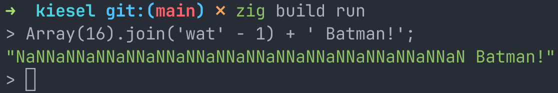Code snippet from the Wat talk outputting 'NaNNaNNaNNaNNaNNaNNaNNaNNaNNaNNaNNaNNaNNaNNaN Batman'