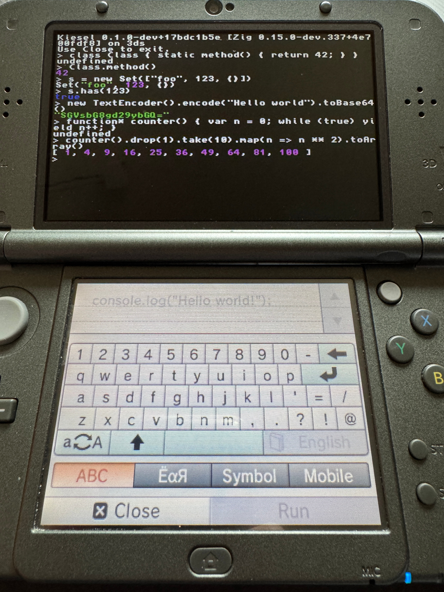 Kiesel REPL running on a Nintendo 3DS