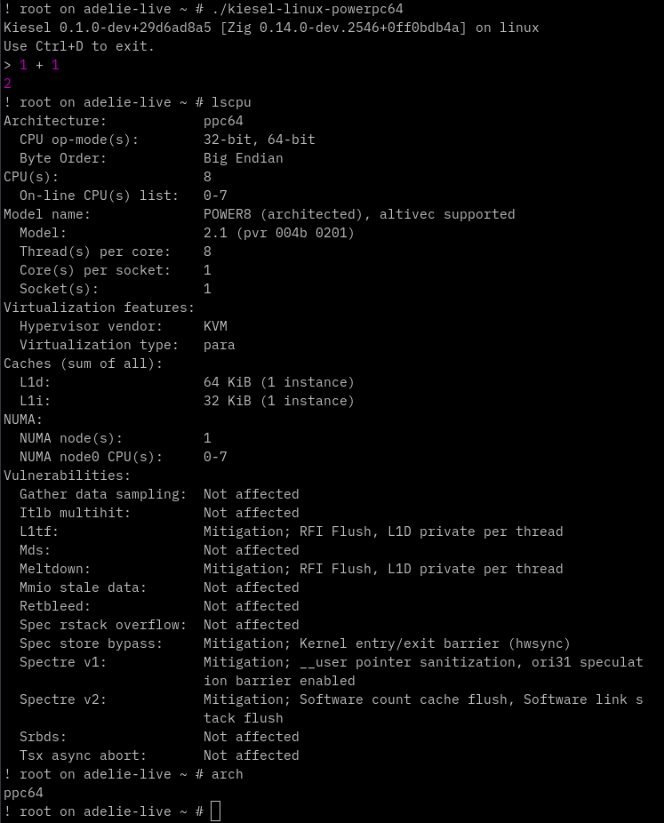Kiesel REPL running on Linux (powerpc64)