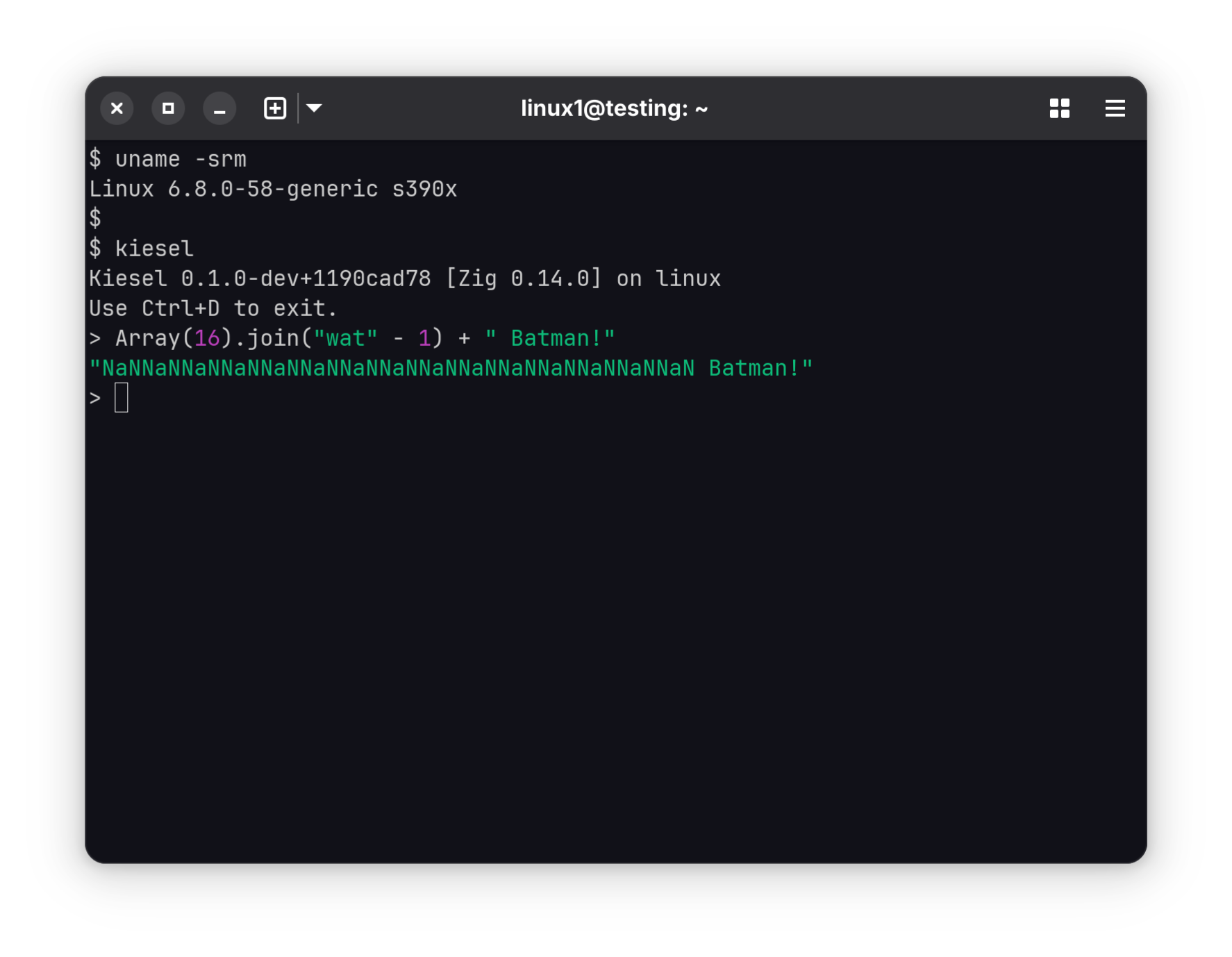 Kiesel REPL running on Linux (s390x)