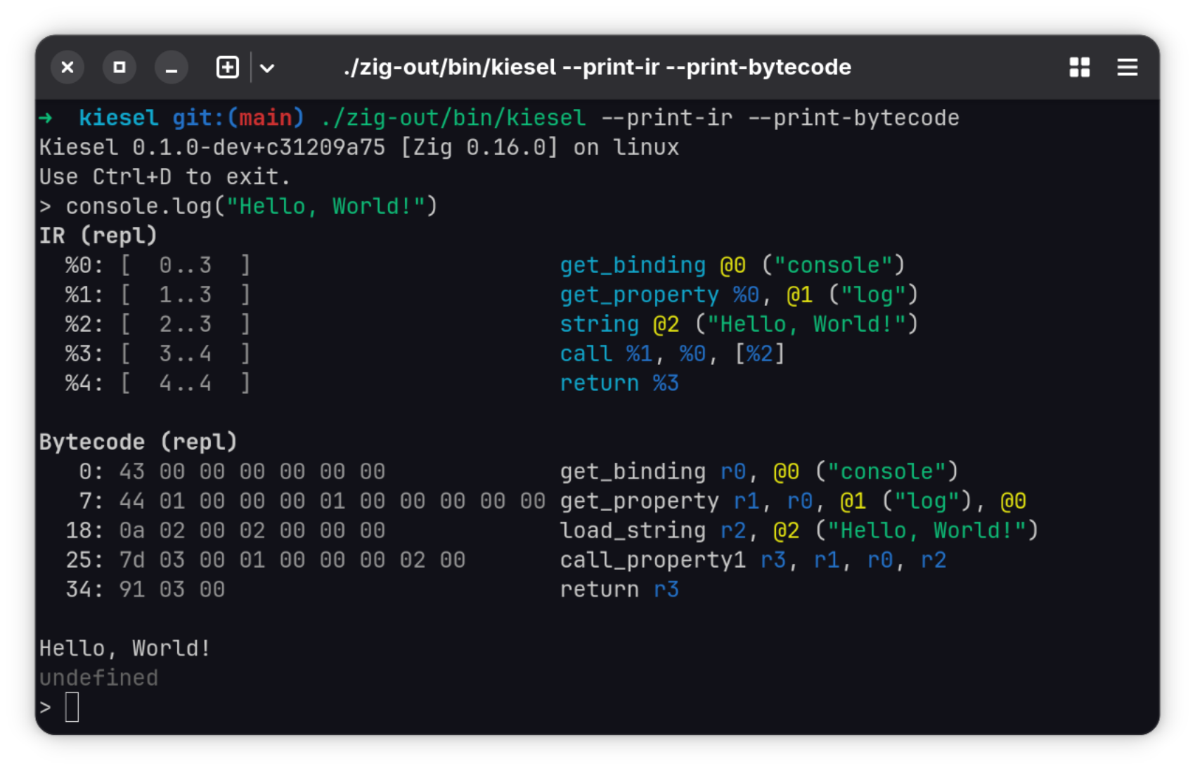 Kiesel hello world IR and bytecode output