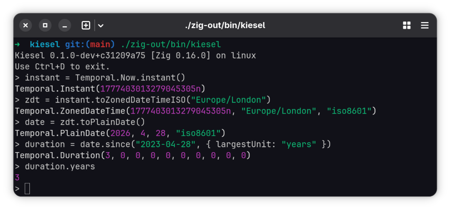 Temporal demo in a Kiesel REPL